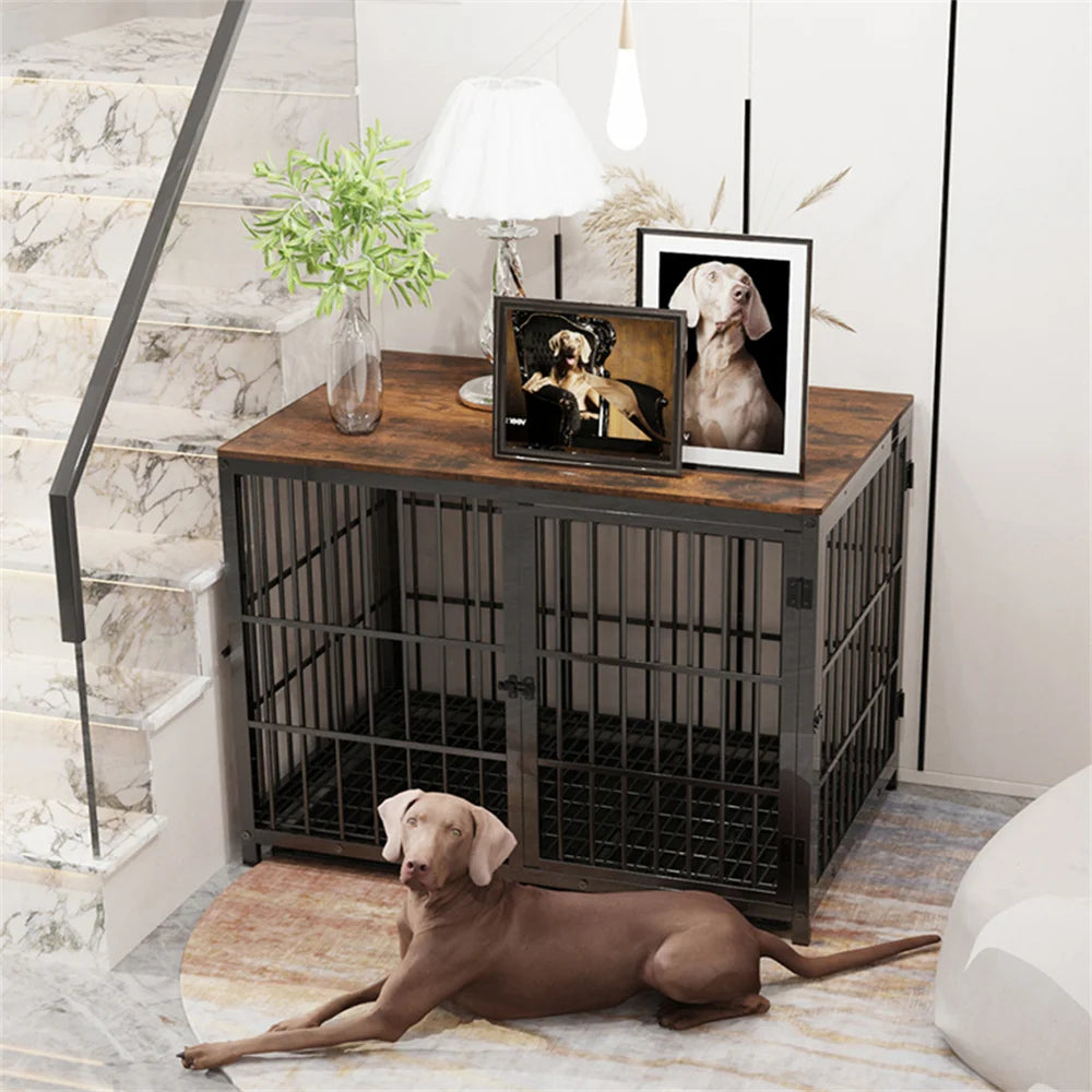 BORWART Indoor Wooden Furniture Dog Crate/Play Pen with 3 Removable Door Trays.