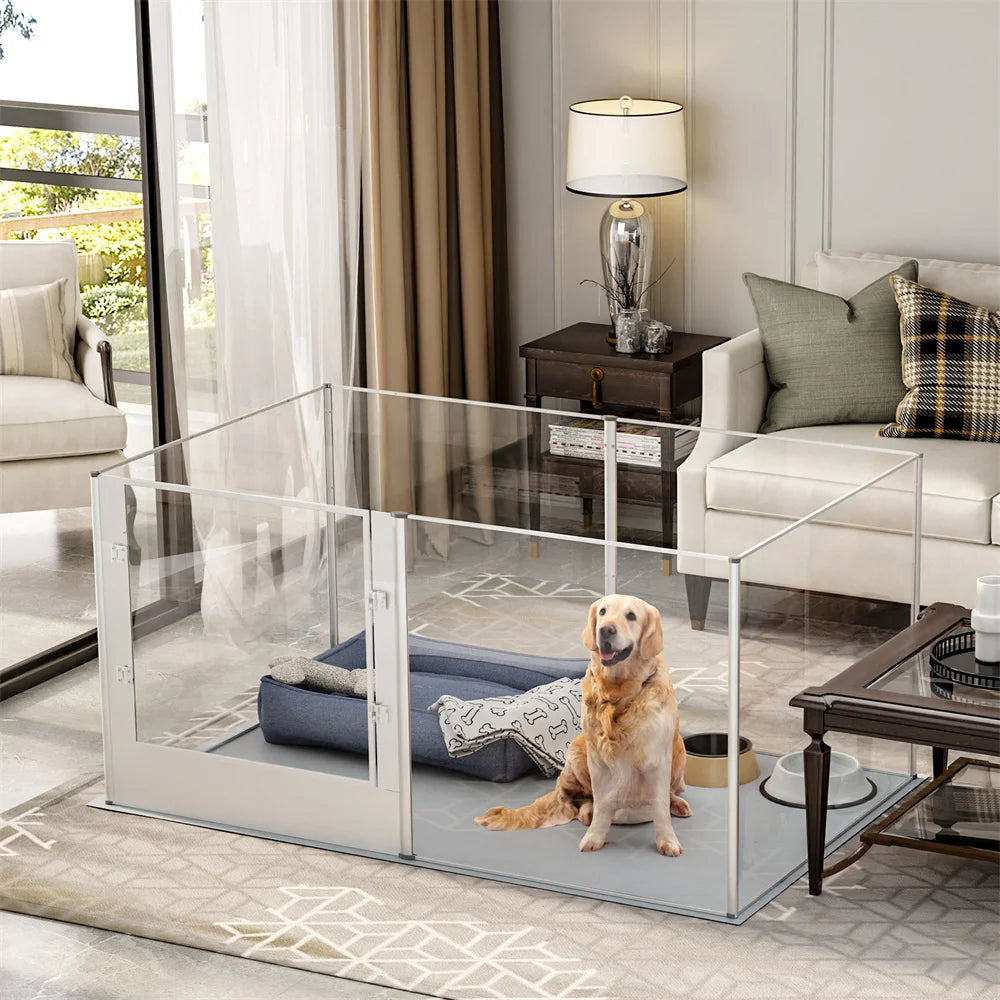 Borwart Acrylic Dog Playpen Fence: Indoor Clear Acrylic Pet Whelping Pen Box Dog Playpen Kennel Crate 80cm Taller with Waterproof Pad for Dogs, Rabbits, Guinea Pig