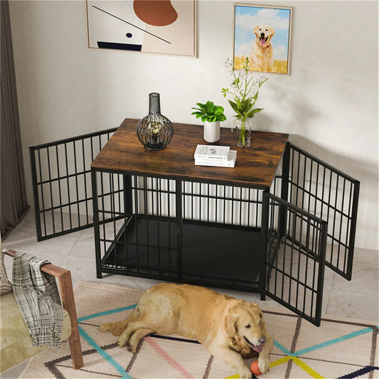 BORWART Indoor Wooden Furniture Dog Crate/Play Pen with 3 Removable Door Trays.