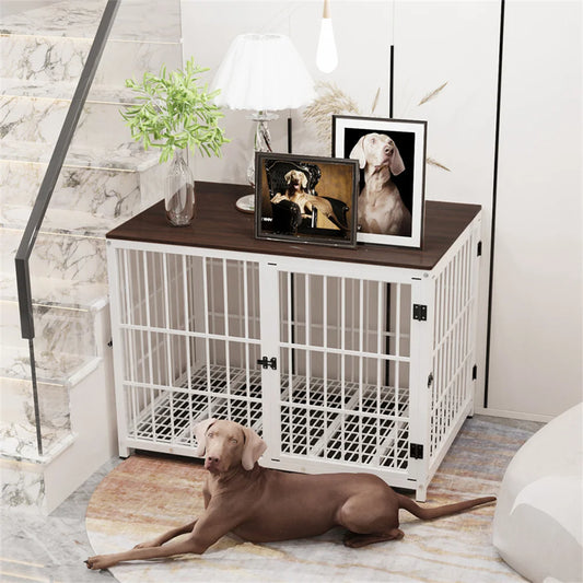 BORWART Indoor White Wooden Furniture Dog Crate/Play Pen with 3 Removable Door Trays.