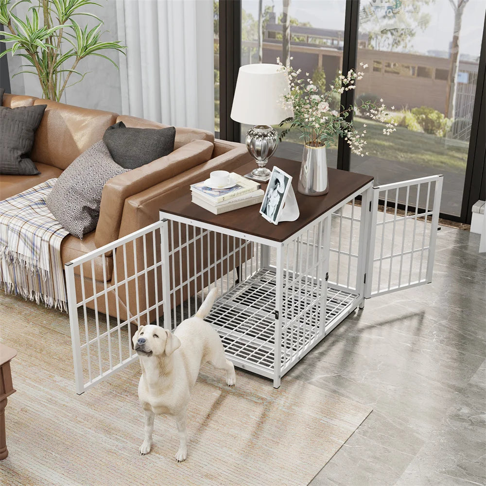 BORWART Indoor White Wooden Furniture Dog Crate/Play Pen with 3 Removable Door Trays.